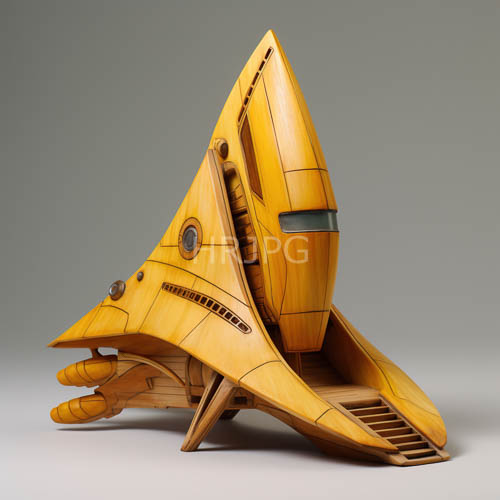 bright yellow wood textured spacecraft features curves and sharp landing legs