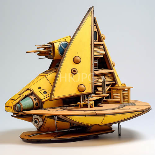 teal cockpit windows frame a yellow triangular spaceship with wooden stairs