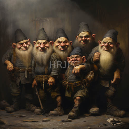 dark gray hats perch atop six cheerful gnomes on dusty floors