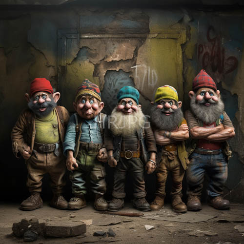 muscular gnomes gather before an aged graffiti covered concrete door wall