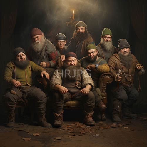 scattered autumn leaves carpet floors around nine men in medieval attire