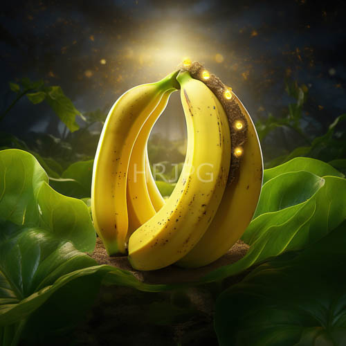 speckled bananas arch through dark foliage beneath golden orbs at night