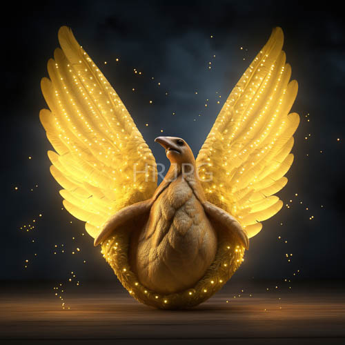 large illuminated wings spread wide on golden feathered doves over black
