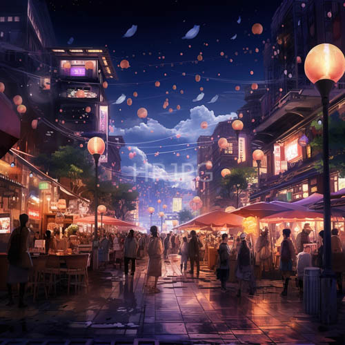 floating paper orbs drift through a vibrant anime night market alley