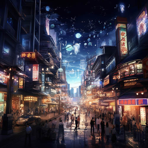 floating jellyfish like orbs drift above wet pavement night market stalls