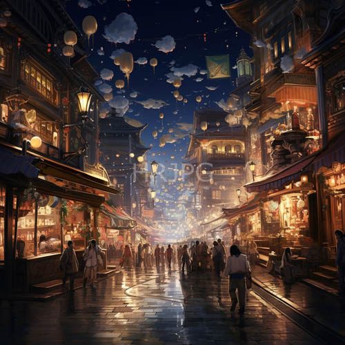countless glowing lanterns and floating paper balloons rise above wet cobblestones