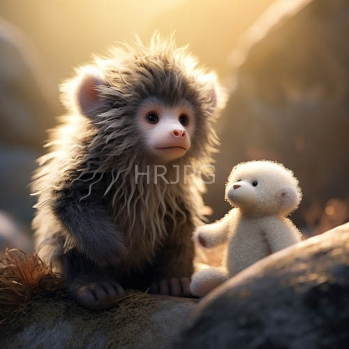 gray brown fur coats contrast with small white stuffed teddy bears