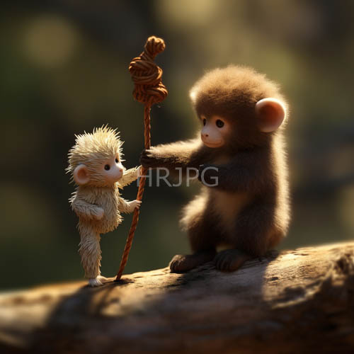 intricately twisted rope sticks occupy a weathered log between fluffy monkeys
