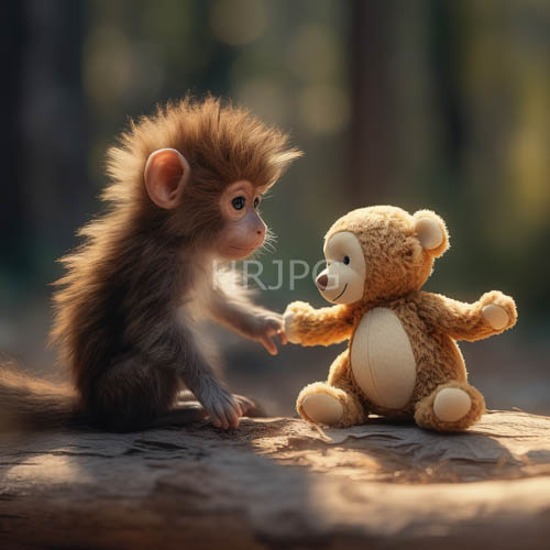 baby monkeys with large eyes touch a beige teddy bear paw