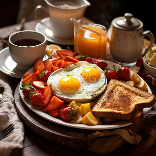 silver teapots gleam beside sunny side up eggs and sliced strawberries