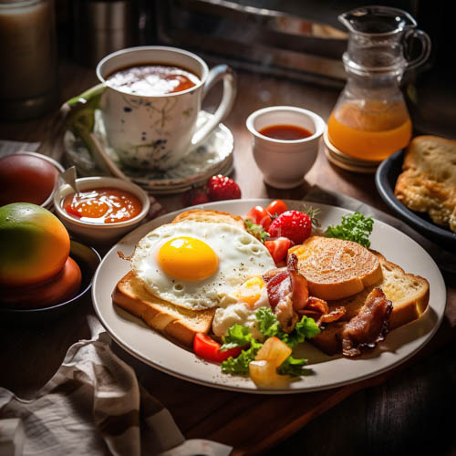 farmhouse breakfast composition with cherry tomatoes and golden egg