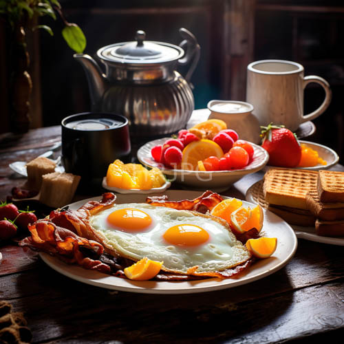 High Resolution: SunnySideUp Eggs with Crispy Bacon and JewelToned Fruits on a Wooden Table download. | HRJPG.com
