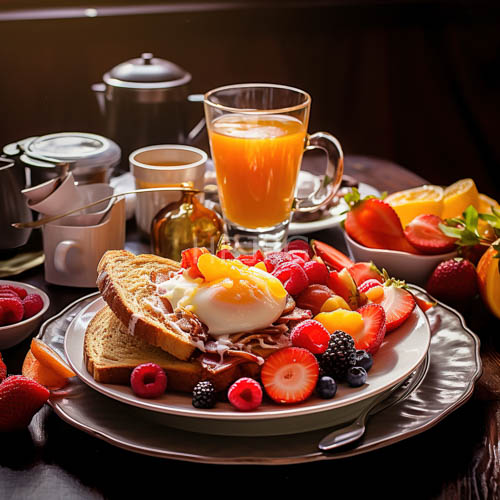 morning light illuminates egg yolk on toast with plump strawberries and citrus