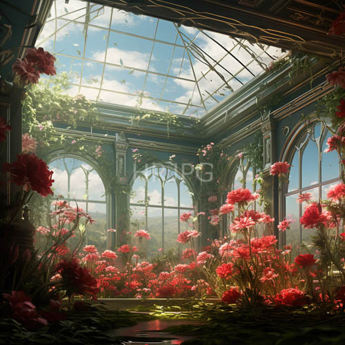 victorianstyle architecture frames lush pink blossoms in a luminous glassroofed greenhouse