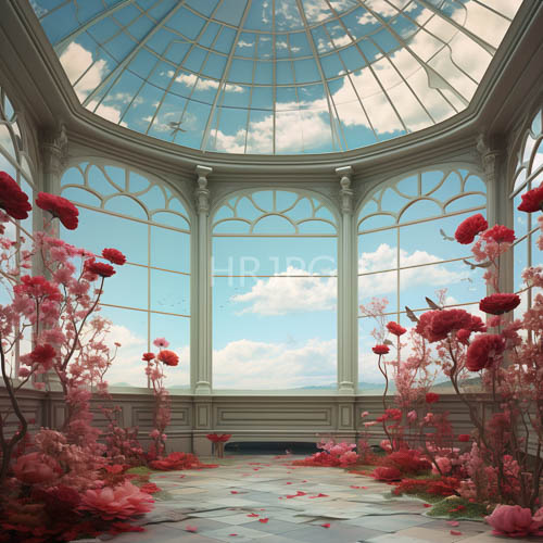 High Resolution: Red Blooms Dance Amidst Pink Petals on Polished White Marble in Airy Conservatory download. | HRJPG.com