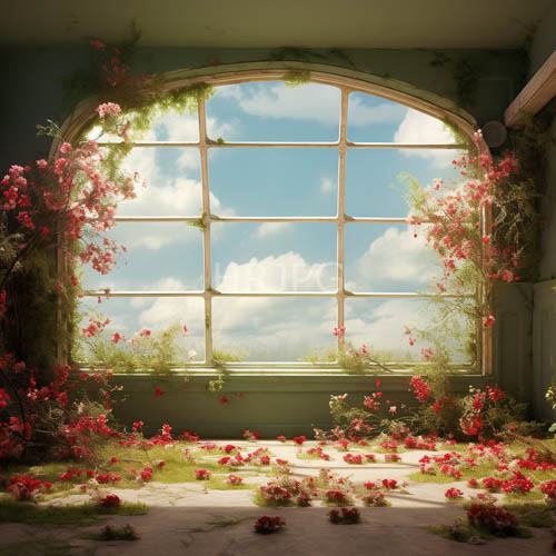 dramatic red blooms cascade onto weathered stone beneath arched window sanctuary