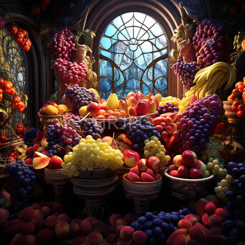 lush grapes and jeweltoned fruits overflow beneath arched windows in ornate tablescapes with deep wood textures