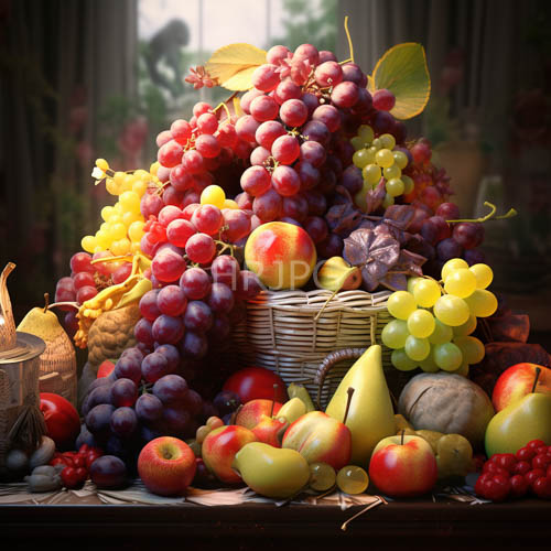 High Resolution: Abundant Fruit and Grape Display in Rustic Wicker Basket Composition download. | HRJPG.com