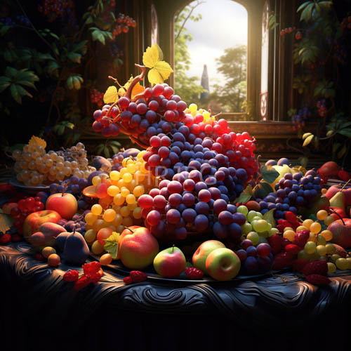 fruit clusters in contrasting textures amidst ornate translucent curtains