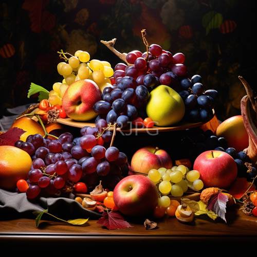 fruit still life on wooden plate with fresh citrus and assorted produce arrangement