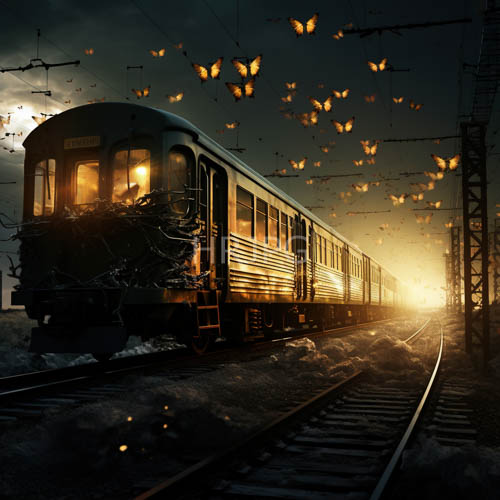 orange butterflies dance amidst vintage trains brass fittings under distant sunrise glow in snowy moonlit night