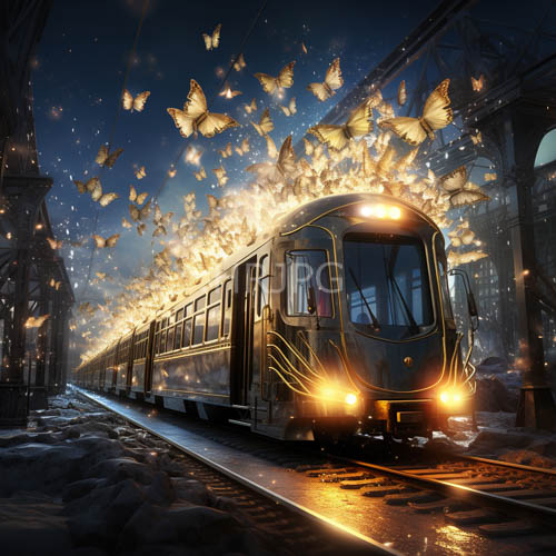 emerge from the rooftop of an illuminated modern train gliding along snowcovered tracks under midnight indigo sky