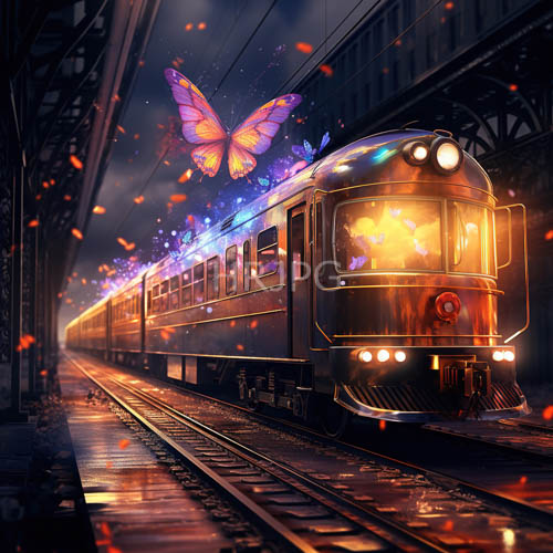 High Resolution: Purple butterflies dance above illuminated vintage train on midnight urban tracks download. | HRJPG.com