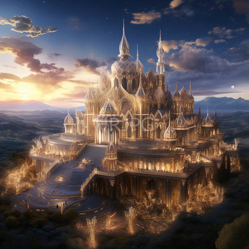 majestic elaborate castle rises amidst lush verdant valleys and misty mountain peaks