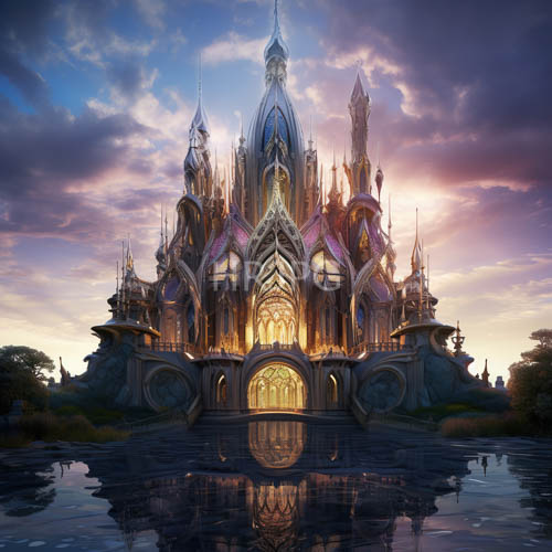 ethereal castle silhouettes rise amidst vibrant violet twilight skies with majestic spire reflections