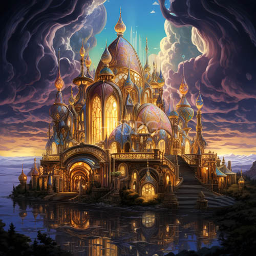 swirling clouds surround majestic purple and golden stilted castle over shimmering sunset lake waters