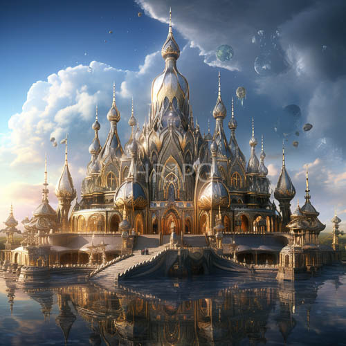 cosmic palace domes reflected in crystal clear waters against a murky celestial sky with floating planets