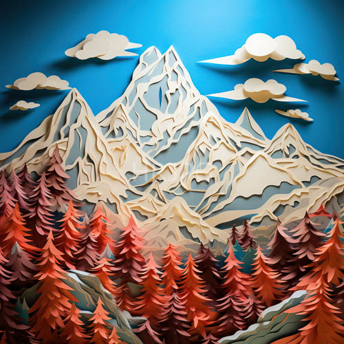 mountainous terrain unfolds with intricate papercut details in