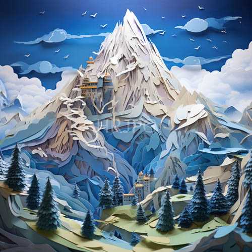 fantasy castle perched amidst snowcapped peaks under varying evergreen canopies and soaring birds