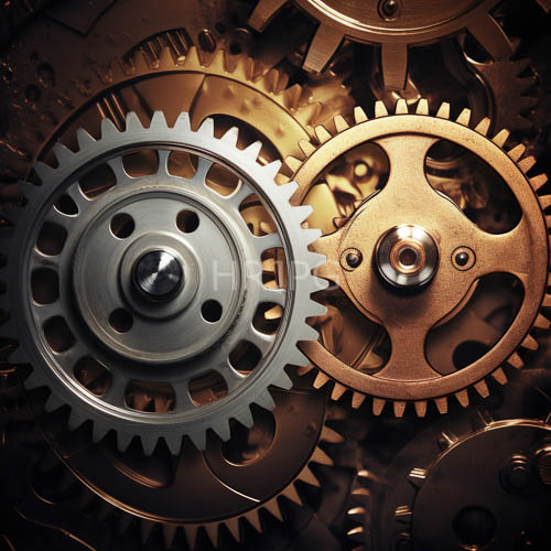 brass gear profile with interlocking metal platelets in amber light