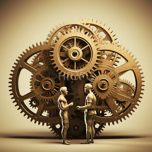 industrial marvels forged in bronze tones gears interlocking with sharp highlights amidst beige gradient backgrounds