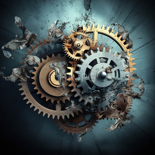 machined metallic gears and cogs in chaotic assembly set against dark teal background