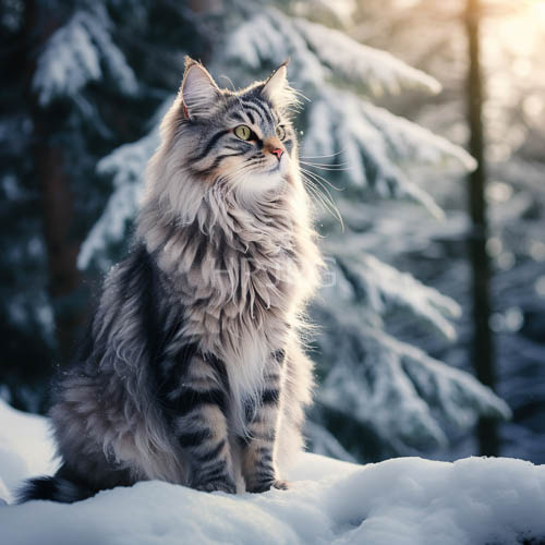 snowcovered forest landscape with tabby cat in sunset glow amidst evergreen silhouettes
