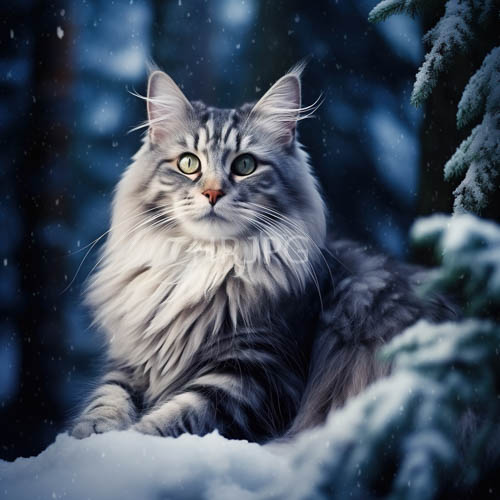 High Resolution: SnowCovered Tabby Cats Amidst Winter Forest with Flocking Snowflakes and Deep Shadows download. | HRJPG.com