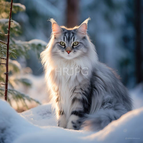 maine coon cats amidst pine trees at sunset with snowdusted ground and long shadows
