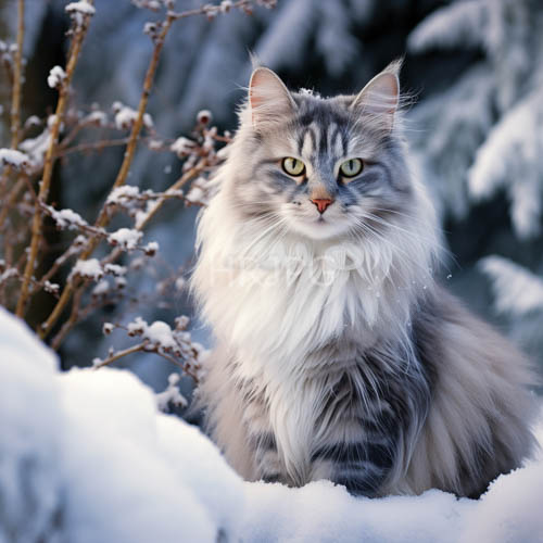 maine coon cat perched in frosty winter wonderland with blurred snowy trees