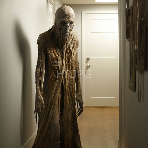 ethereal specter emerges from shadows within crepuscular hallway with ancient mystery