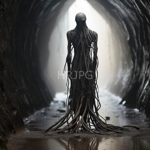 humanoid figure emits eerie glow from caves dimness amidst slick floor