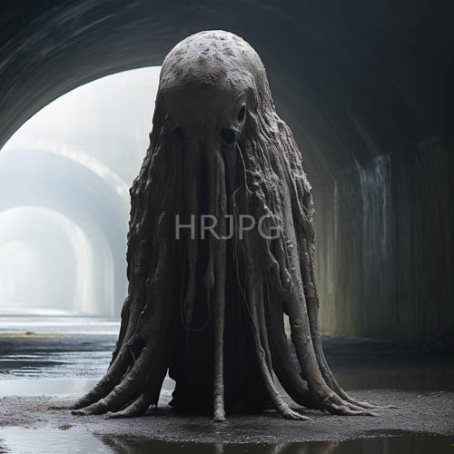 High Resolution: Lifesized octopus sculpture in dim underground tunnel with reflective wet ground download. | HRJPG.com
