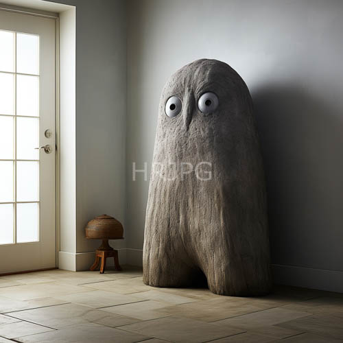 eerie wooden statue with large white eyes dominates corner with mushroomshaped stool