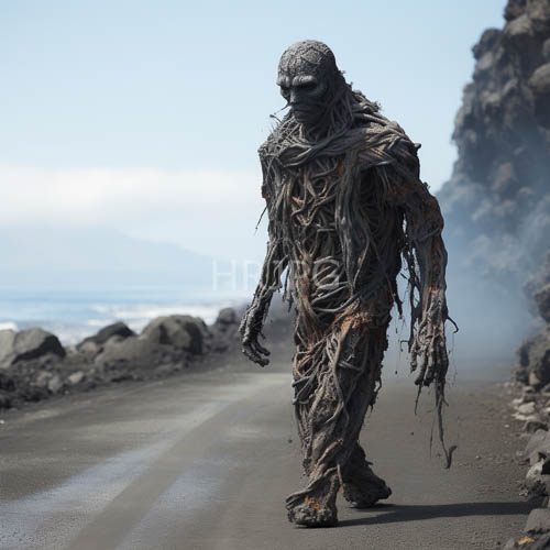 decomposing humanoid figure emerges from tangled seaweed and driftwood on jagged rocks beneath misty oceans oppressive glow