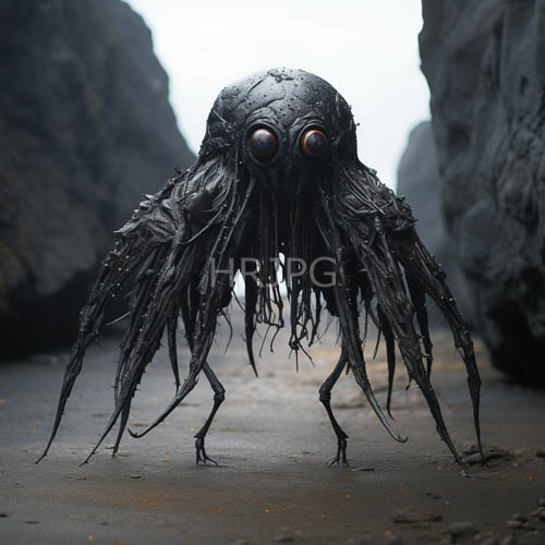 dark skinned octopus like horror creature rises wet sand rocky cliffs overcast skies