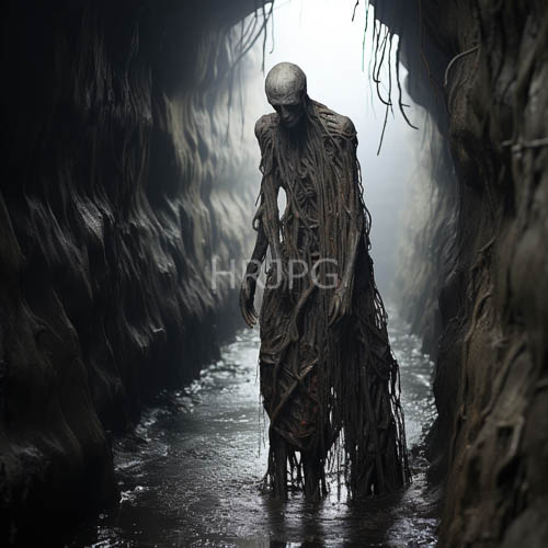 High Resolution: Anthropomorphic Root Creature Emerges from Cave Stream Roots into Muted Cavern Palette download. | HRJPG.com