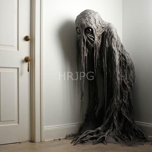 ethereal decaying humanoid figure anchors itself to flickering shadows on weathered wooden floor