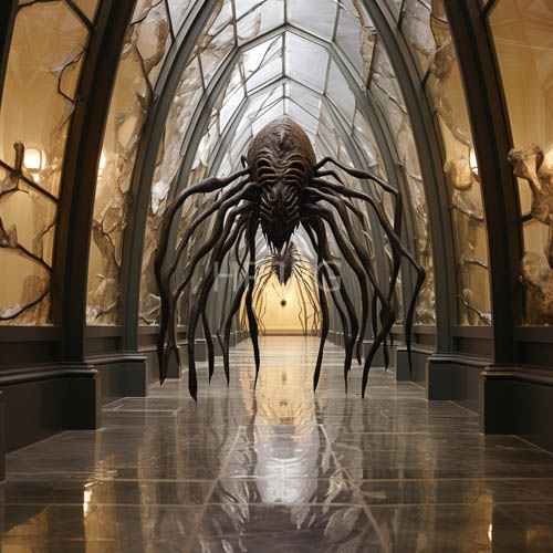realistic spider sculpture in glassarched display case exhibits natural texture
