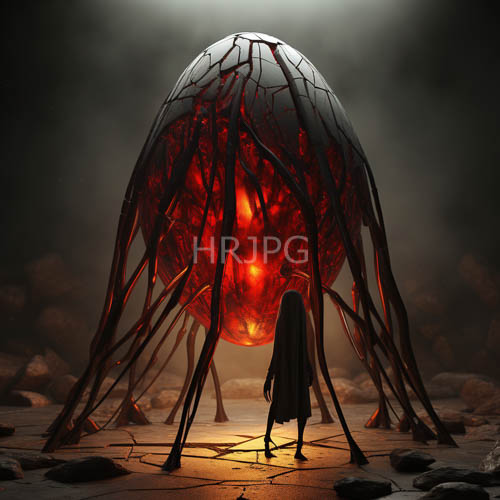 massive red and black spiderlike creature amidst crimson halos on rocky terrain